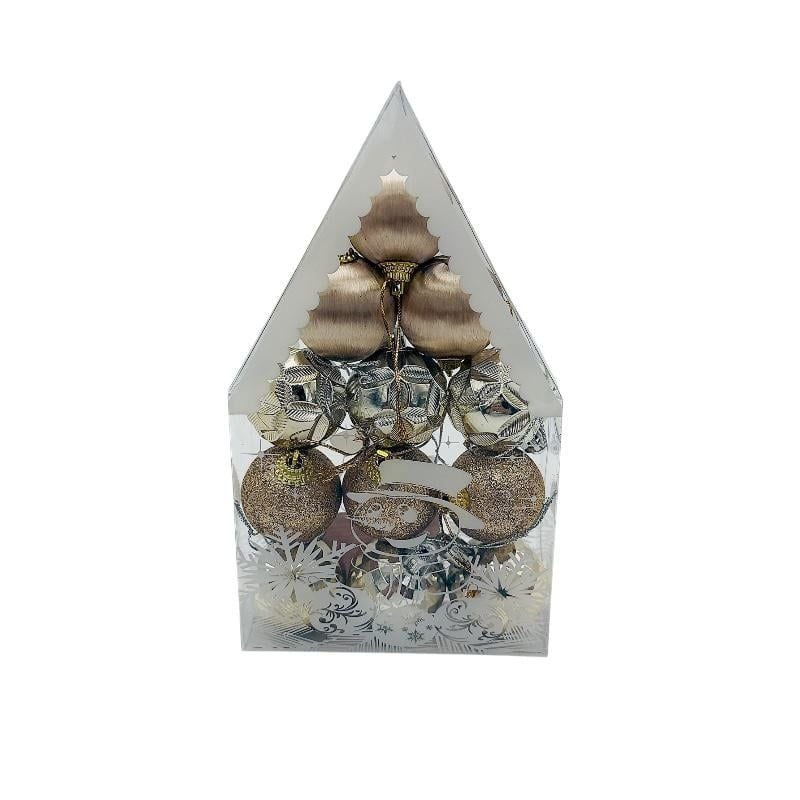 Set 12 globuri de Craciun pentru brad –20x12x4cm, nuanta rose fin, ambalaj in forma de casuta, finisaj lucios/satinat/ sclipici Engros