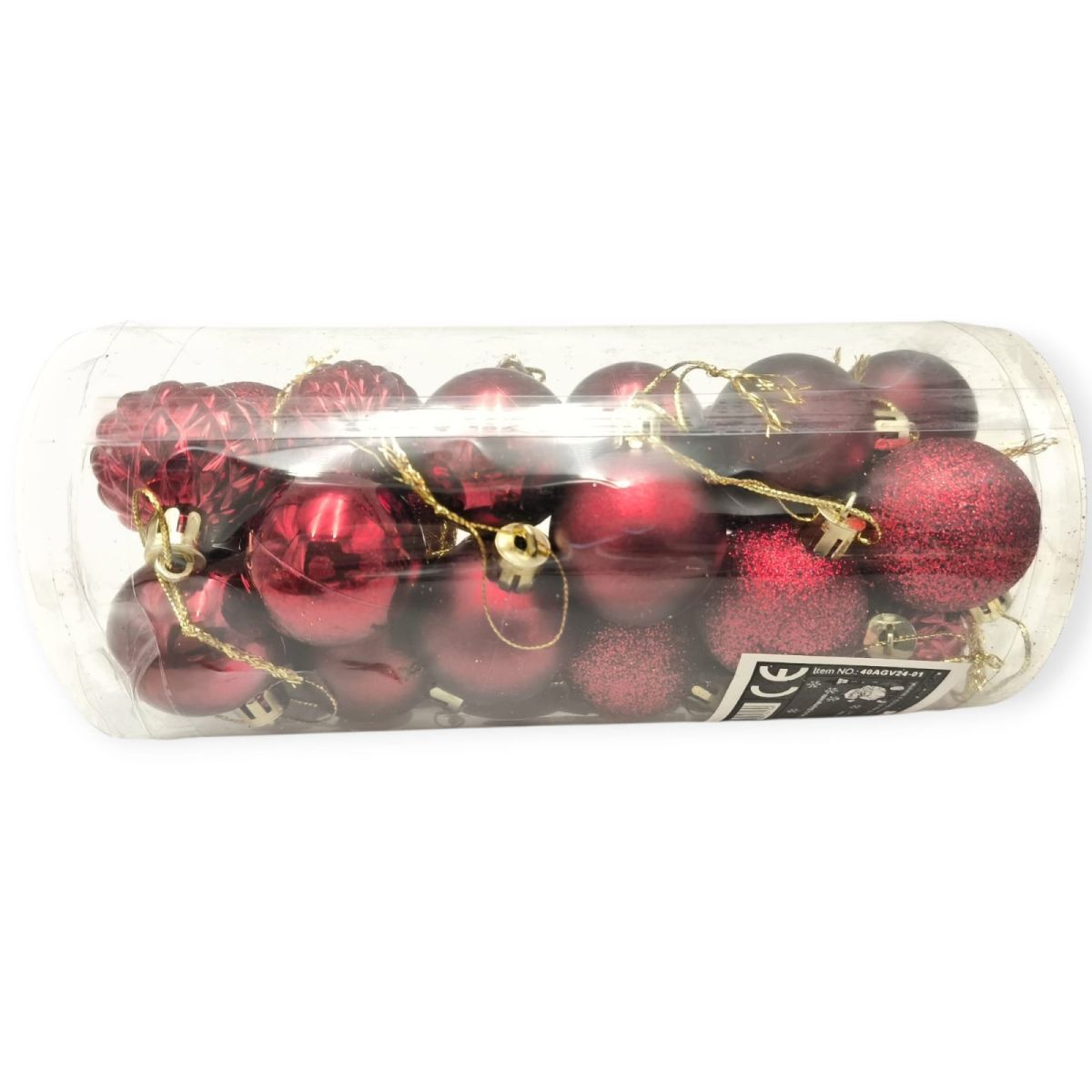 Set 24 globuri de Craciun pentru brad –20x9x9cm, nuanta bordo, finisaj lucios/satinat/ sclipici Engros