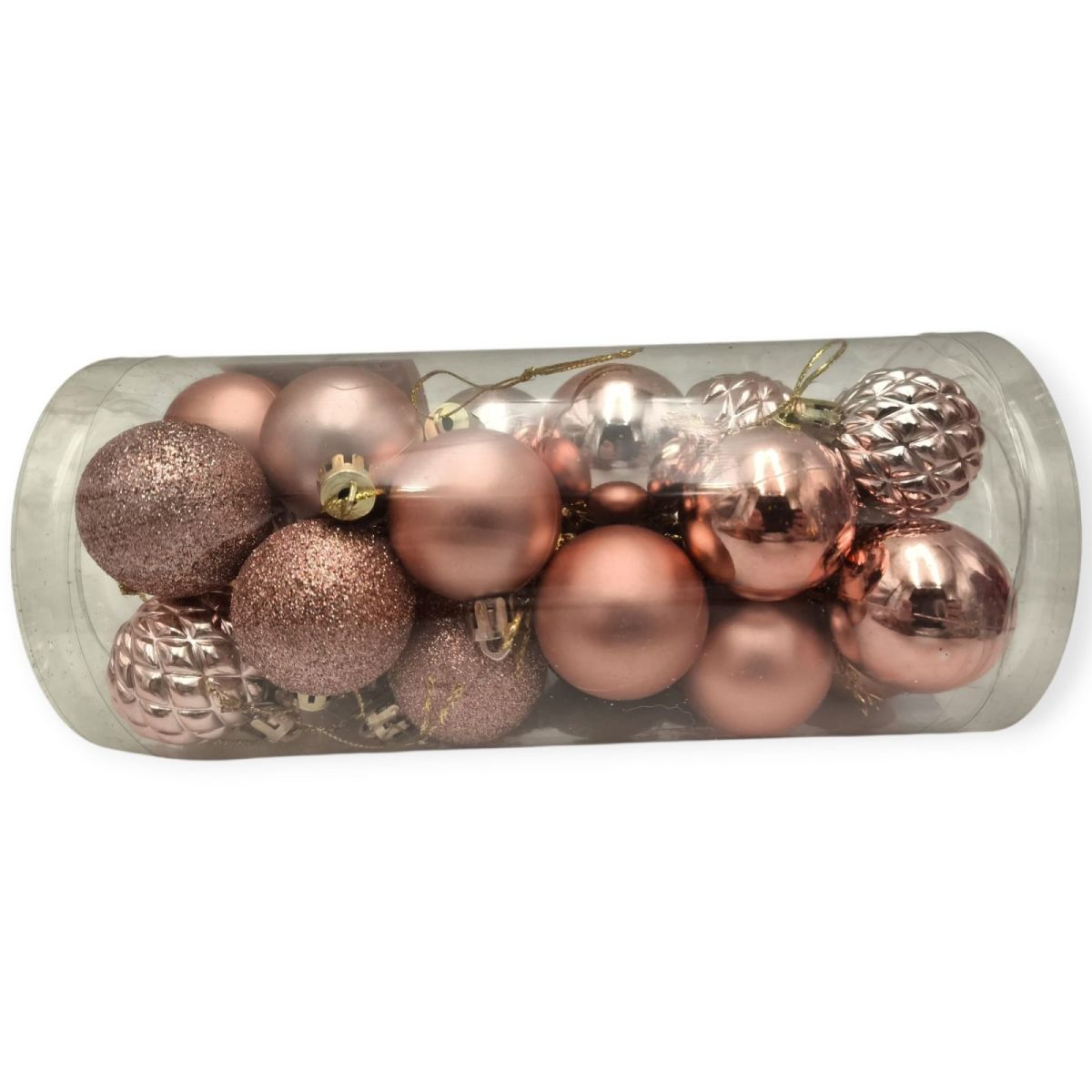 Set 24 globuri de Craciun pentru brad –20x9x9cm, nuanta cupru, finisaj lucios/satinat/ sclipici Engros