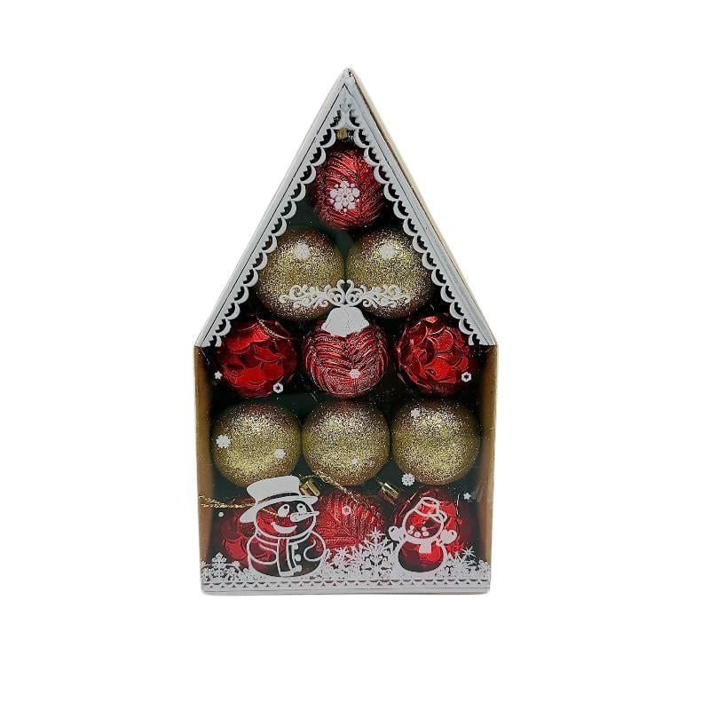 Set 12 globuri de Craciun pentru brad –20x12x4cm, nuanta rosu+auriu, ambalaj in forma de casuta, finisaj lucios/satinat/ sclipici Engros