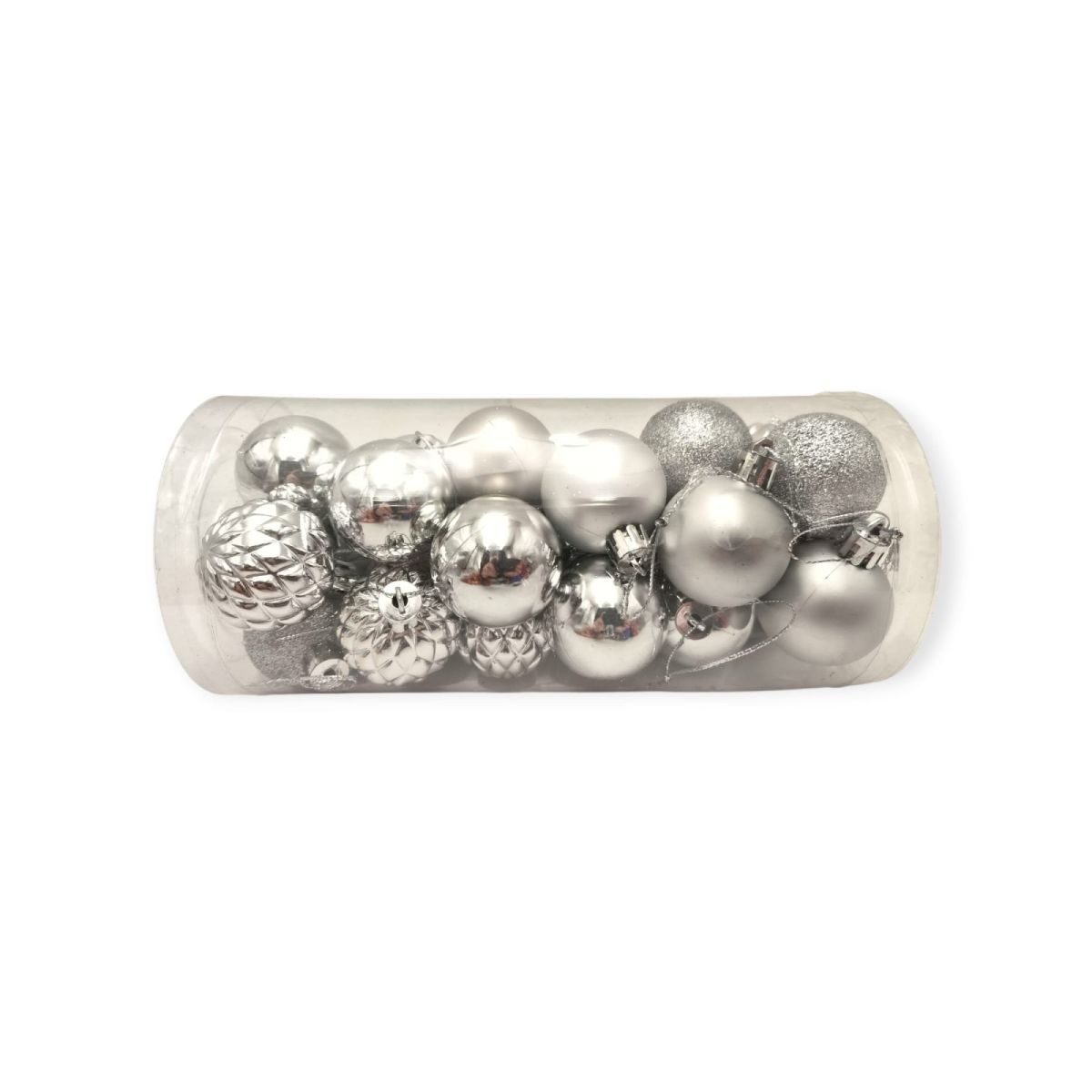 Set 24 globuri de Craciun pentru brad –20x9x9cm, nuanta argintiu, finisaj lucios/satinat/ sclipici Engros
