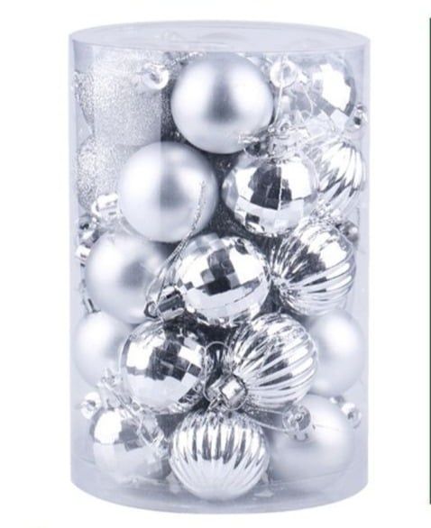 Set 34 globuri de Craciun pentru brad – 26x18x18cm, nuanta argintiu, finisaj lucios/satinat/ sclipici Engros