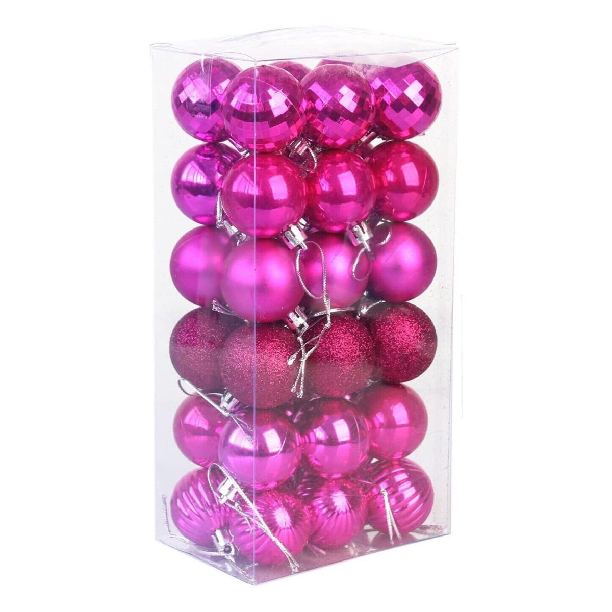 Set 36 globuri de Craciun pentru brad – 34x17x11cm, nuanta roz intens, finisaj lucios/satinat/ sclipici Engros
