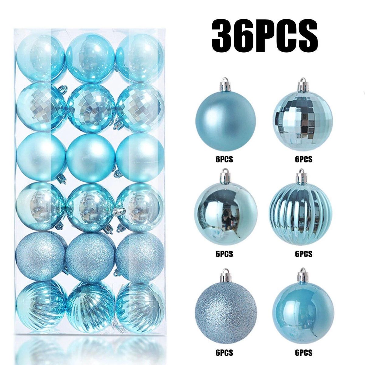 Set 36 globuri de Craciun pentru brad – 34x17x11cm, nuanta baby blue, finisaj lucios/satinat/ sclipici Engros