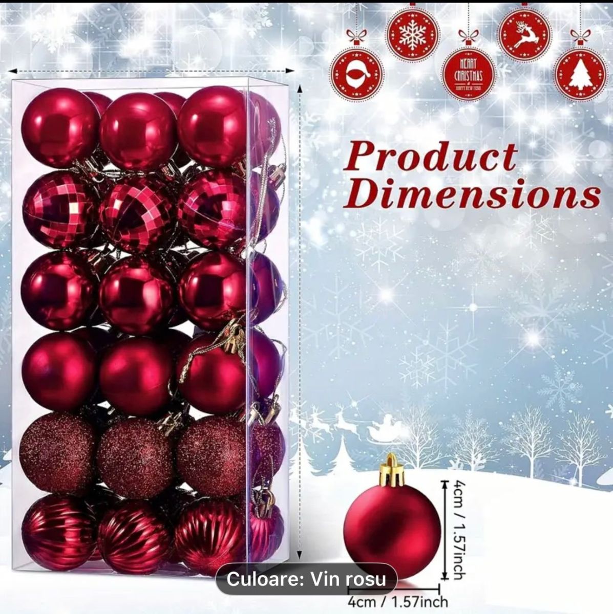 Set 36 globuri de Craciun pentru brad – 34x17x11cm, nuanta rosu bordo, finisaj lucios/satinat/ sclipici Engros