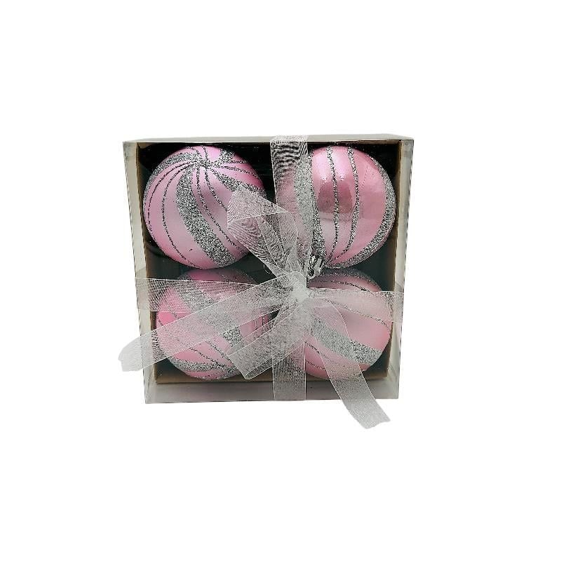 Set 4 globuri de Craciun pentru brad – 16x16x7cm, nuanta roz delicat, finisaj lucios/detalii sclipici , ambalaj cu fundita Engros