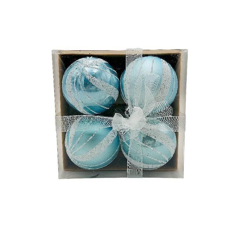 Set 4 globuri de Craciun pentru brad – 16x16x7cm, nuanta baby blue, finisaj lucios/detalii sclipici , ambalaj cu fundita Engros