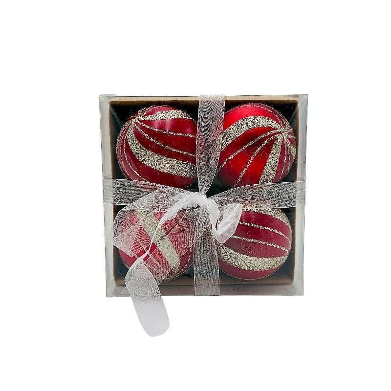 Set 4 globuri de Craciun pentru brad – 16x16x7cm, nuanta rosu intens, finisaj lucios/detalii sclipici , ambalaj cu fundita Engros