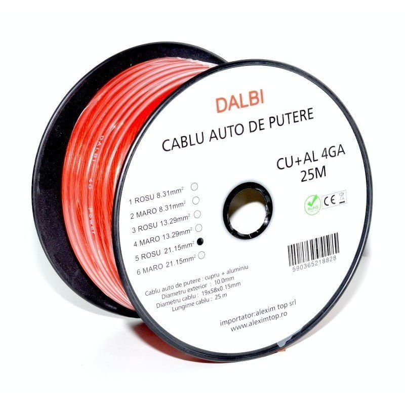 Rola Cablu Auto de Putere Rosu CU+AL 4GA 10MM , 25M/Rola Engros