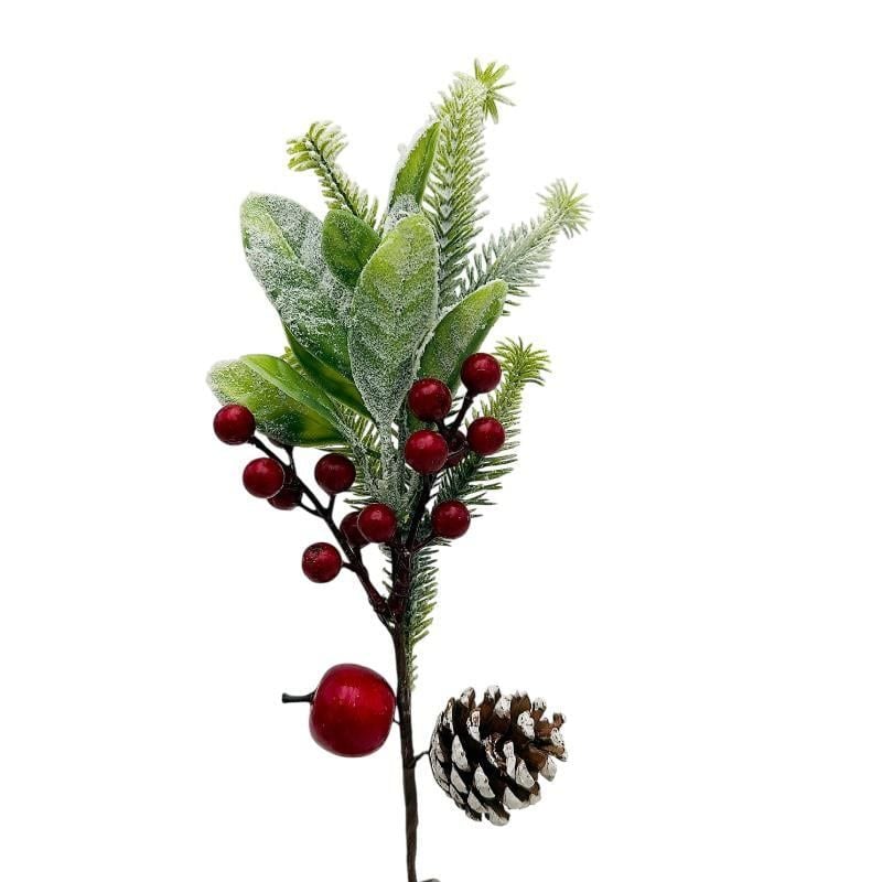 Crenguta decorativa de Craciun cu frunze inghetate, bobite rosii, con de brad si mar – pentru brad, coronite si aranjamente, 34cm