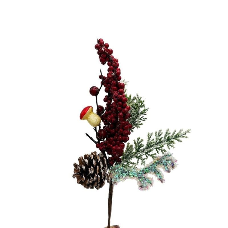 Crenguta decorativa de Craciun cu frunze inghetate, bobite rosii, con de brad si ciupercuta – pentru brad, coronite si aranjamente, 34cm