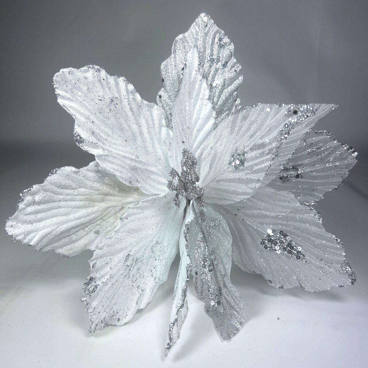 Floare de Craciun Poinsettia alb-argintiu cu glitter, clip/tija – pentru brad si aranjamente, 32 cm Engros