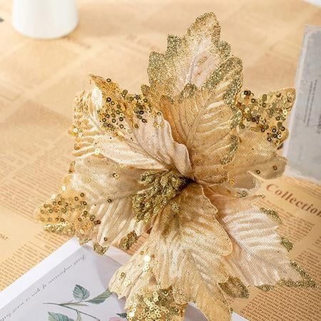 Floare de Craciun Poinsettia auriu cu glitter, clip/tija – pentru brad si aranjamente, 32 cm Engros