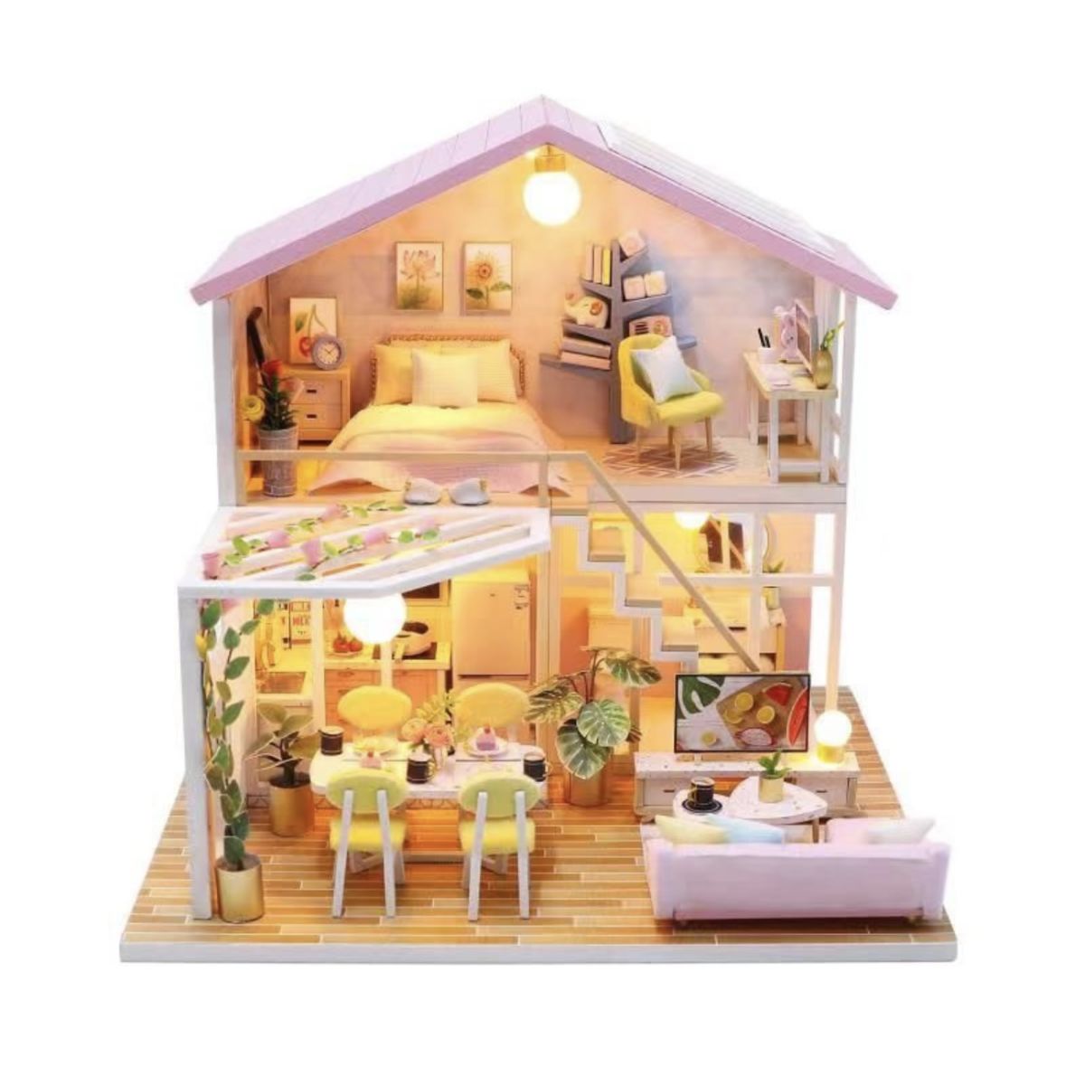 Casă Miniaturală DIY cu Iluminare LED, Mobilier Modern și Terasă – Kit de Asamblare Creativă Hongda 22x17.5x20.5 cm, En-gros