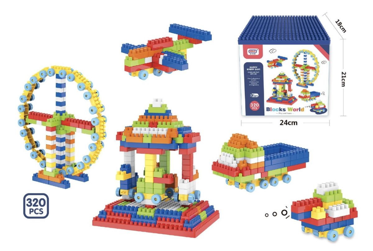 Set Cuburi de Construcție Blocks World 320 Piese – Jucărie Educativă Creativă pentru Copii, Vehicule și Structuri 3D, En-gros