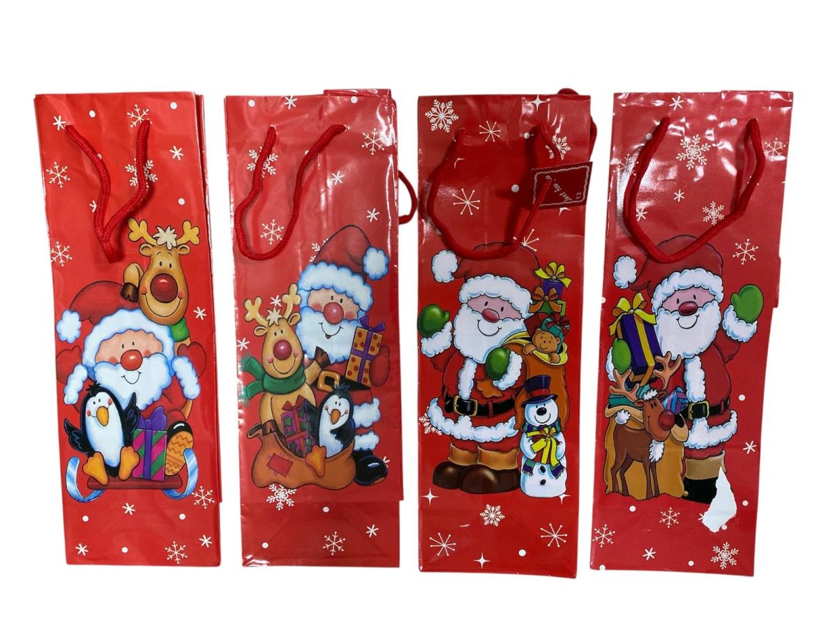 Pungi de cadou pentru sticla din hartie cerata cu specific de Craciun, diverse modele, 35 x 12 cm