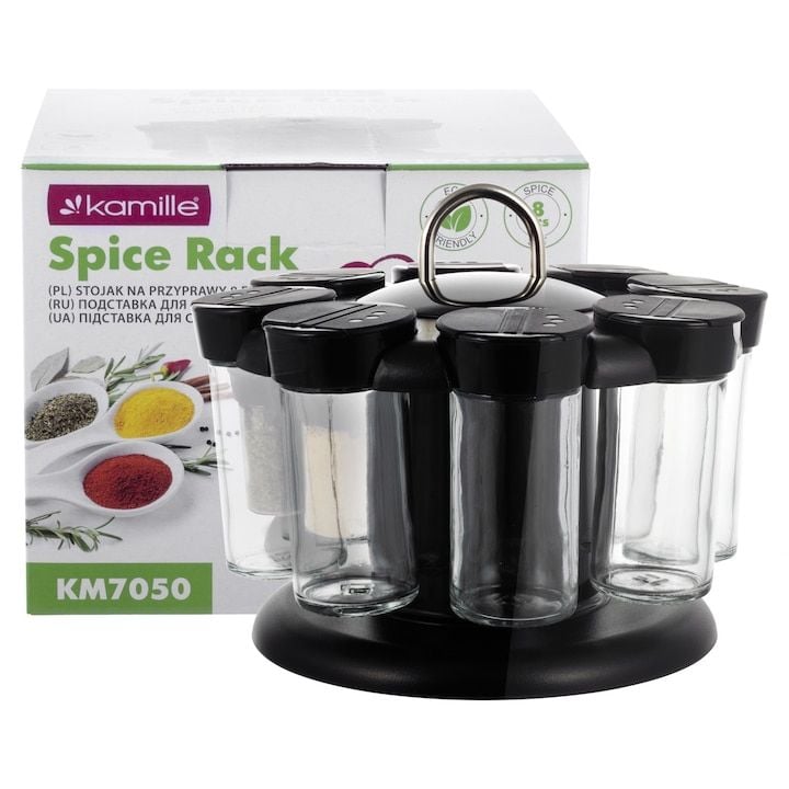 Set Engros cu 8 recipiente condimente, Kamille, din sticla, cu suport, 17 x 18 cm, negru/transparent