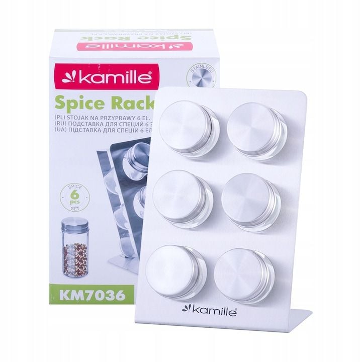 Set Engros de suport condimente Kamille, 6 recipiente din sticla si inox, 13,5x8,5x20cm
