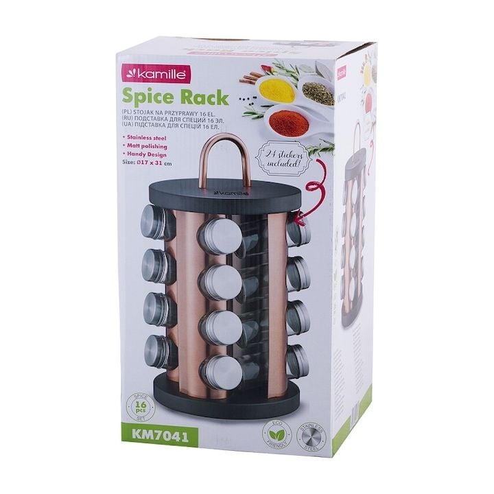 Raft Engros rotativ pentru condimente Kamille, din inox, 16 borcane, negru/roz auriu