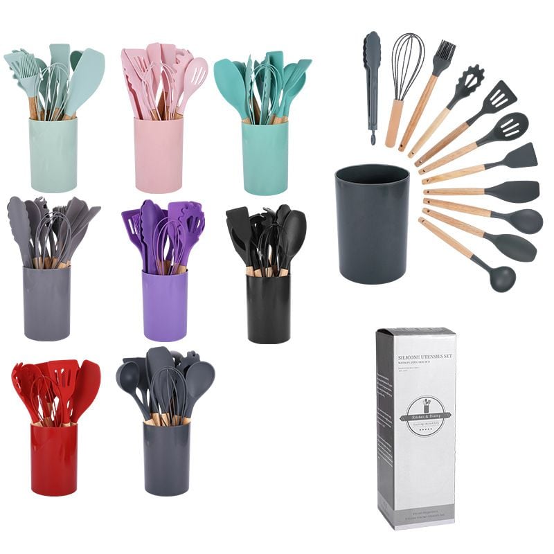 Set 12 ustensile din silicon cu maner din lemn de fag, 450g, pentru tigai antiaderente, ideal cadou, Engros