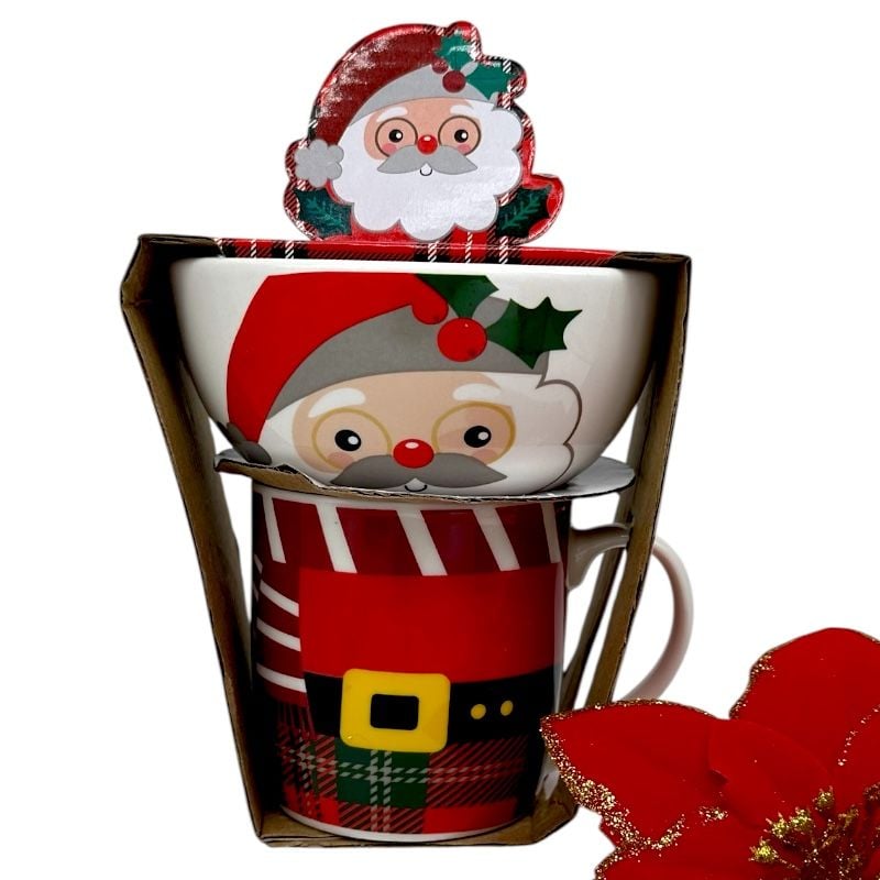 Set de Crăciun cu bol și cană înaltă din ceramică, ambalate amuzant în stil Moș Crăciun 15x12.5x15cm,en-gros