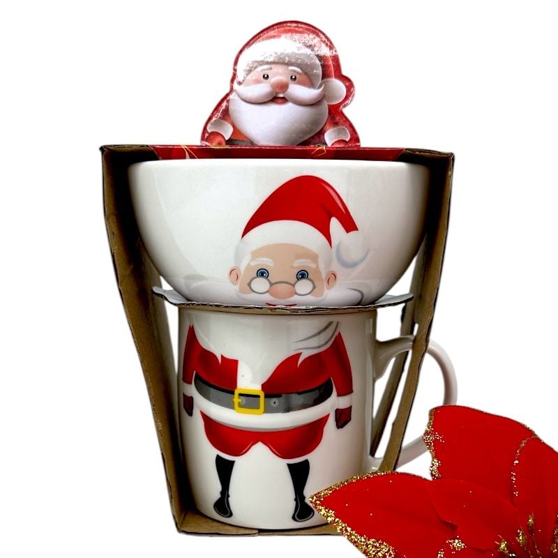 Set de Crăciun cu bol și cană înaltă din ceramică, ambalate amuzant în stil Moș Crăciun 15x12.5x15cm,en-gros