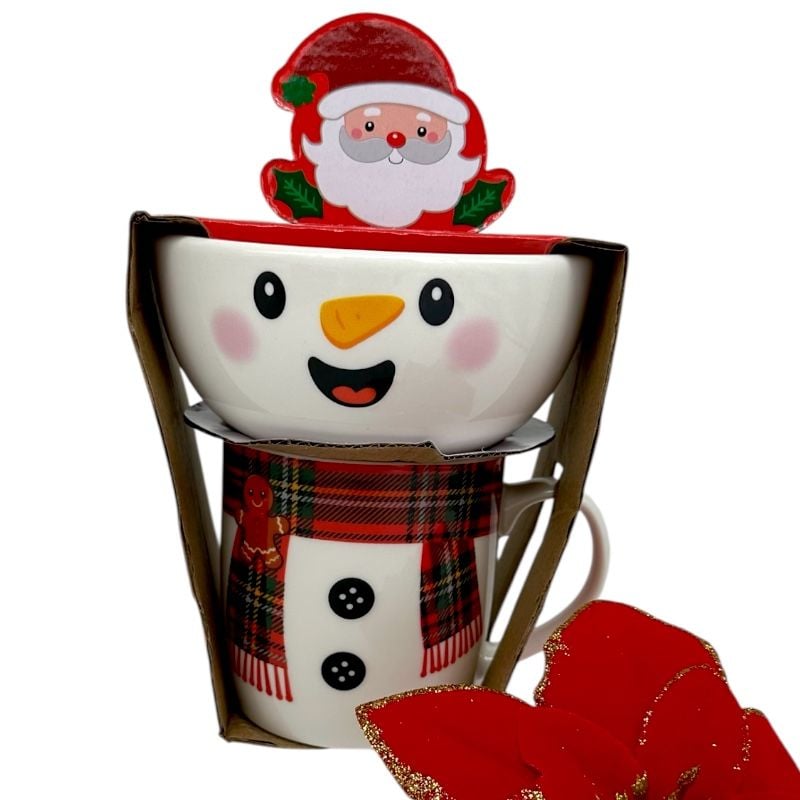 Set de Crăciun cu bol și cană înaltă din ceramică, ambalate amuzant în stil Om de zăpadă 15x12.5x15cm,en-gros