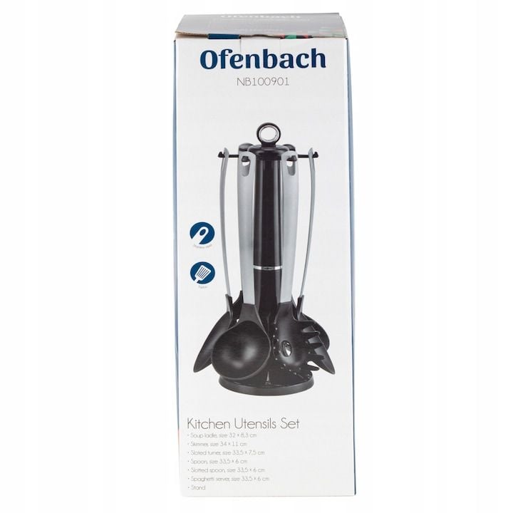 Set Engros de ustensile de bucatarie cu suport rotativ, Ofenbach, 7 piese, Nylon, Maner inox, Negru/Argintiu