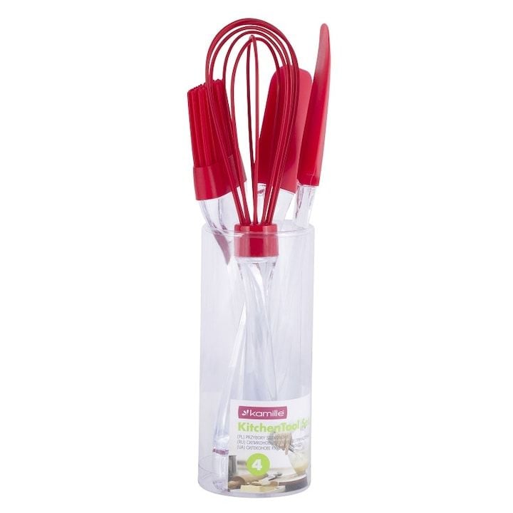 Set Engros de ustensile de bucatarie, Kamille, 4 piese, silicon, rosu, 23,5x3,5cm, 24,5x5,5cm, 22x5cm