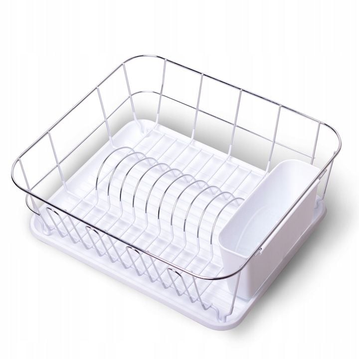 Scurgator Engros de vase cu suport pentru tacamuri, Kamille, Design modern, din Otel, 37x33x13.5cm, Alb/Argintiu