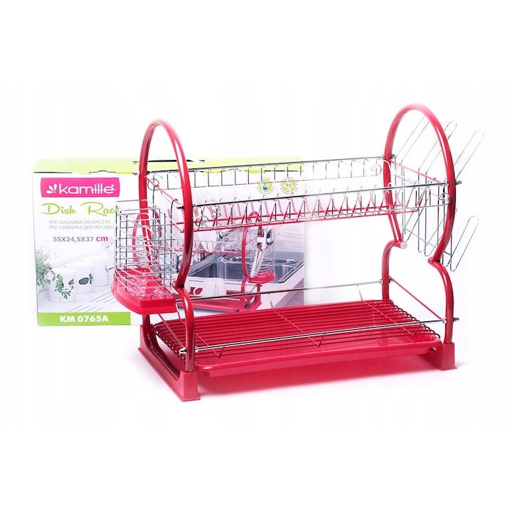 Scurgator Engros de vase cu suport pentru tacamuri si suport pentru pahare, Kamille, din Otel / Plastic, 55 x 24.5 x 37 cm, Rosu / Argintiu