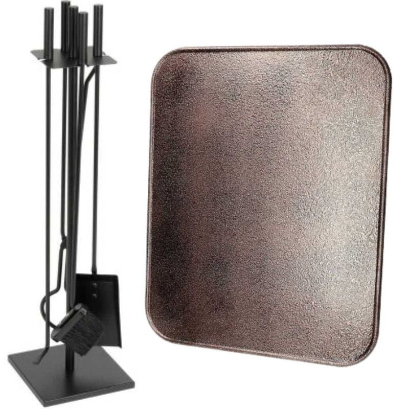 Set 4 Accesorii Mercaton cu Suport pentru Semineu si Soba din Fier Forjat, 81 cm si Covoras Metalic, Rezistent la Temperaturi Ridicate, 40×47.5 cm Engros