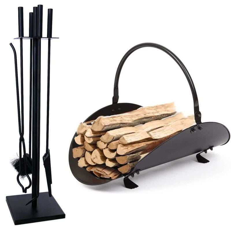 Set 4 Accesorii Mercaton cu Suport pentru Semineu si Soba din Fier Forjat, 81 cm si Suport de Depozitat Lemne din Aliaj Forjat, 48 cm, Negru Engros