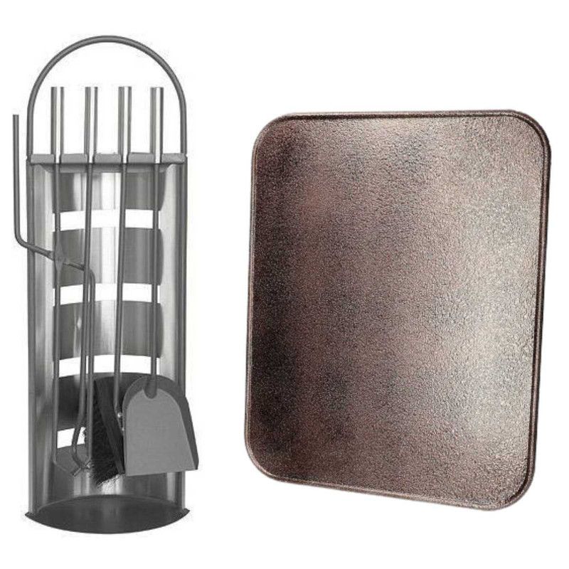 Set 4 Accesorii Mercaton cu Suport pentru Semineu si Soba din Inox, 66 cm si Covoras Metalic, Rezistent la Temperaturi Ridicate, 40×47.5 cm Engros