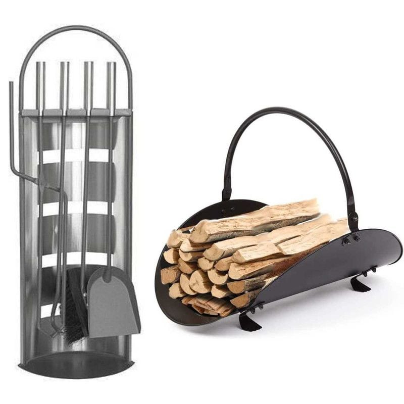 Set 4 Accesorii Mercaton cu Suport pentru Semineu si Soba din Inox, 66 cm si Suport de Depozitat Lemne din Aliaj Forjat, 48 cm, Negru Engros
