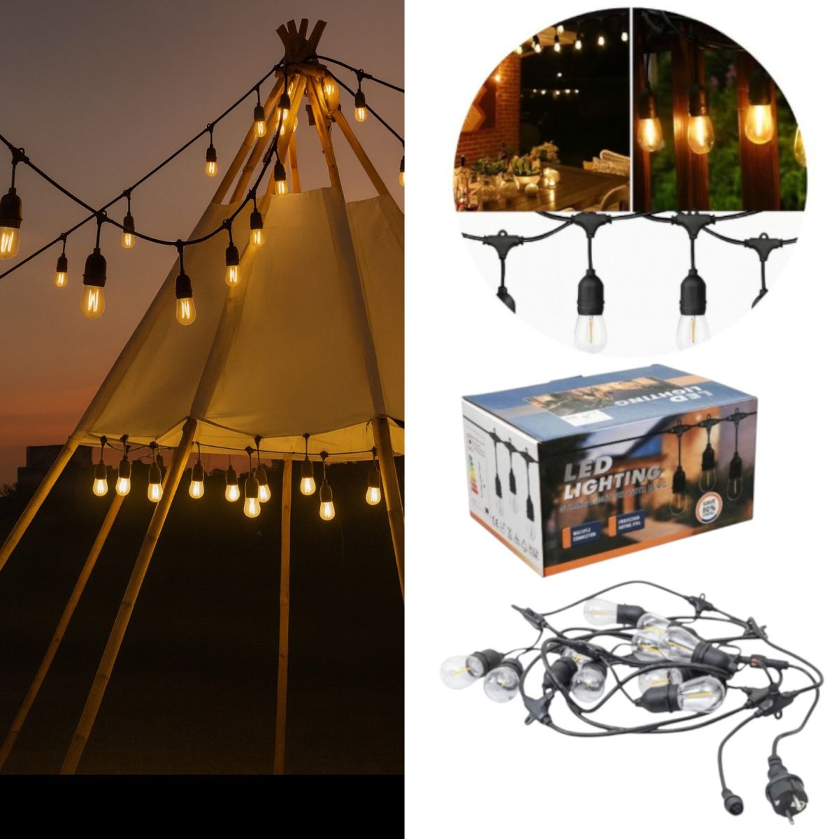 Ghirlanda Luminoasa LED 5m cu 10 Becuri, Lumină Caldă, Rezistentă la Apă, Ideală pentru Terase, Grădini și Camping Engros