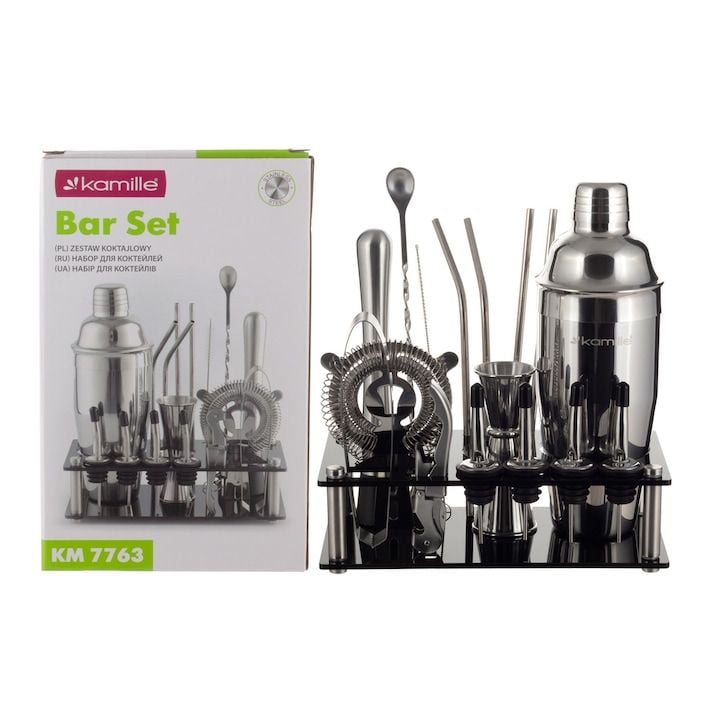 Set Engros de barman Kamille KM-7763, din inox, 17 piese, 700ml