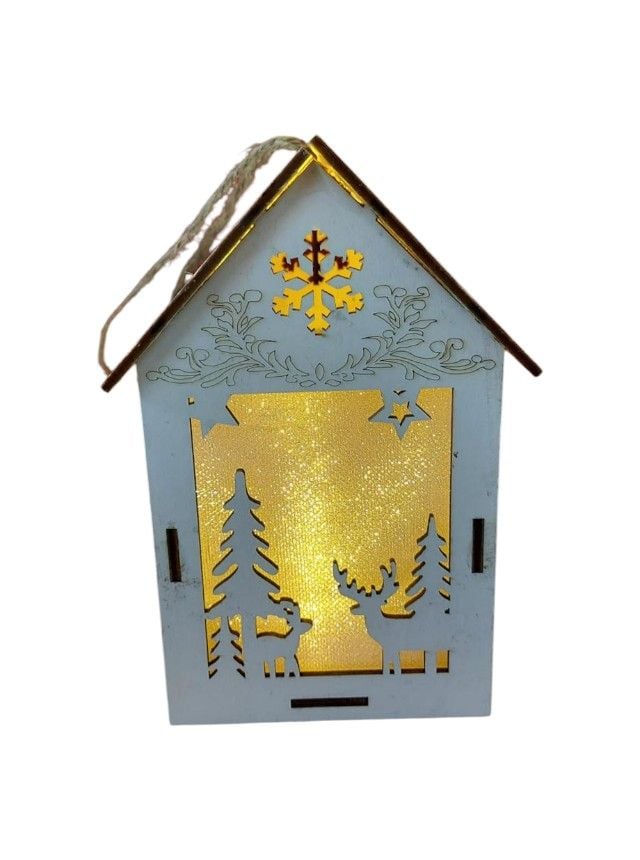 Ornament de Craciun Engros, casuta din lemn cu LED, 15x9 cm