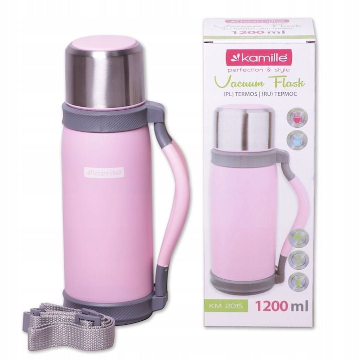 Termos Engros prozoniu Kamille 1200 ml, granat, verde, negru, cu maner si capac ce poate fi folosit ca pahar