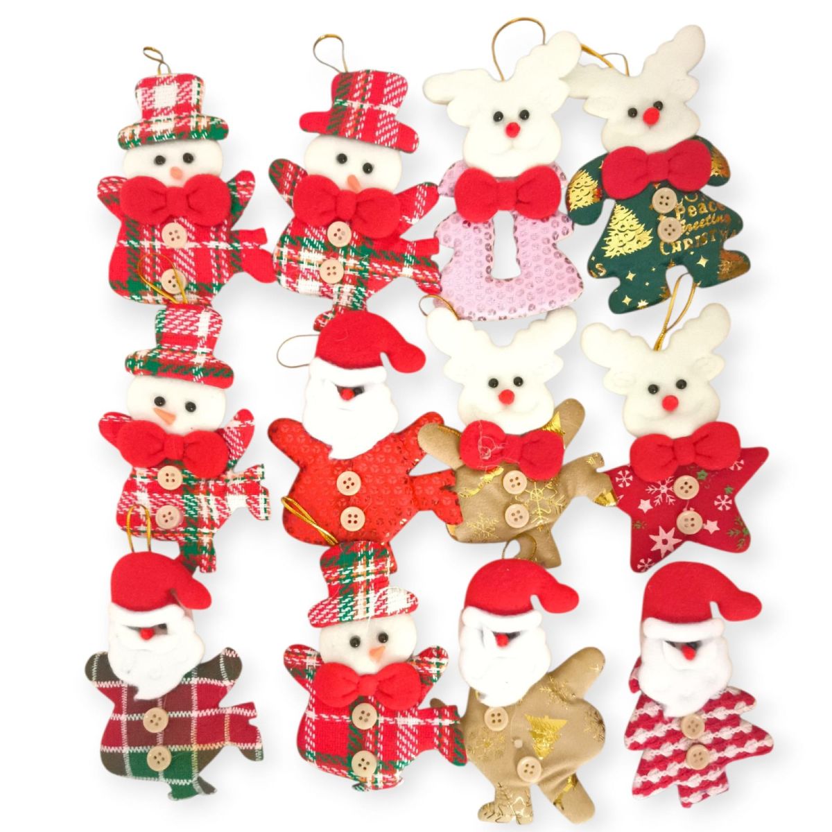 Set 12 figurine textile Craciun – Mos, Om de zapada, Ren, stelute – agatatoare incluse, pentru brad si ghirlande, 11-14cm Engros