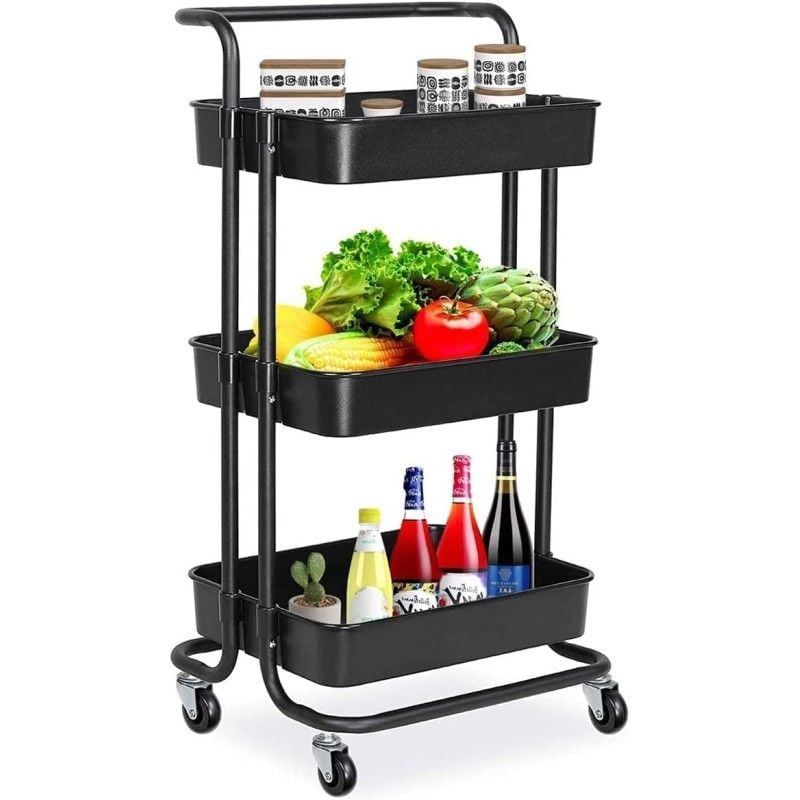 Raft depozitare cu 3 cosuri, roti pivotante, structura metalica, ABS, 45x35x84 cm, negru Engros