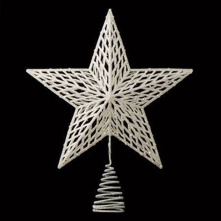 Steluta varf de brad alba, aspect impletit, cu prindere spirala – finisaj sidefat cu sclipici, 24x19.5cm