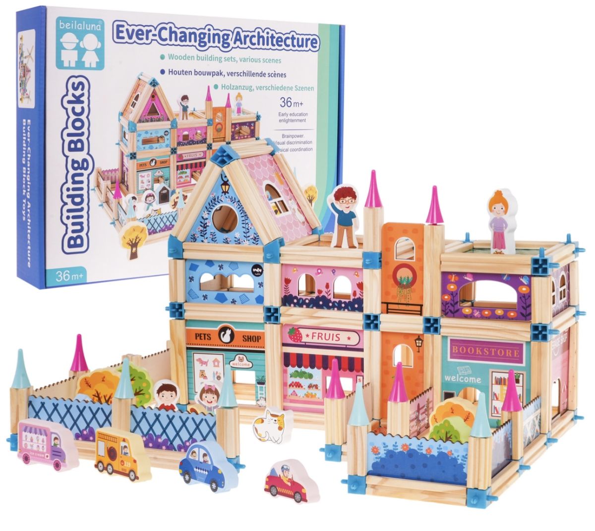 Set de Construcție din Lemn Beilaluna – Ever-Changing Architecture, Joc Educativ 3+, Building Blocks, Casă Modulară cu Ținut Magic, En-gros