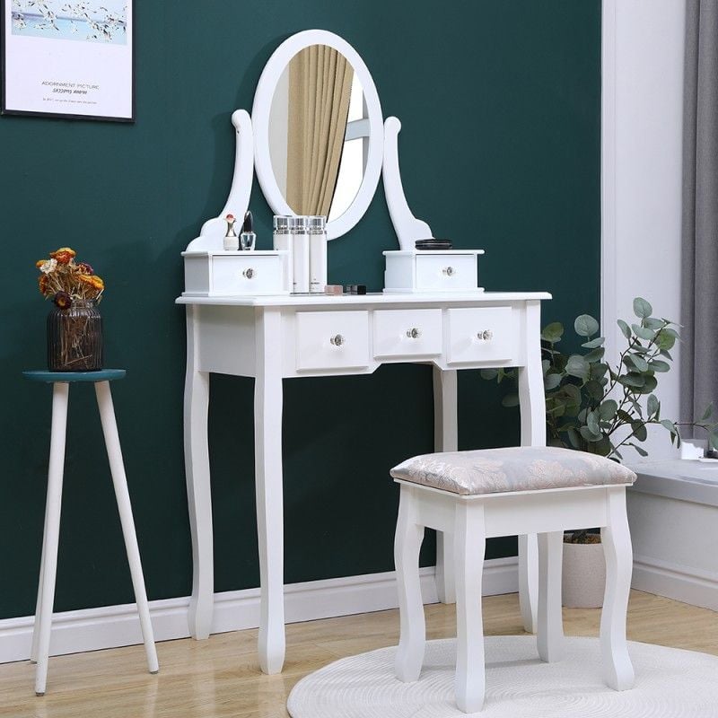 Set masa de toaleta 140x80x40 cm, oglinda si scaun incluse, 5 sertare Engros