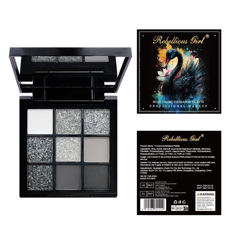 Trusa 9 Culori Black Swan strălucitoare cu pigment metalic intens Rebellious Girl, Sela engross