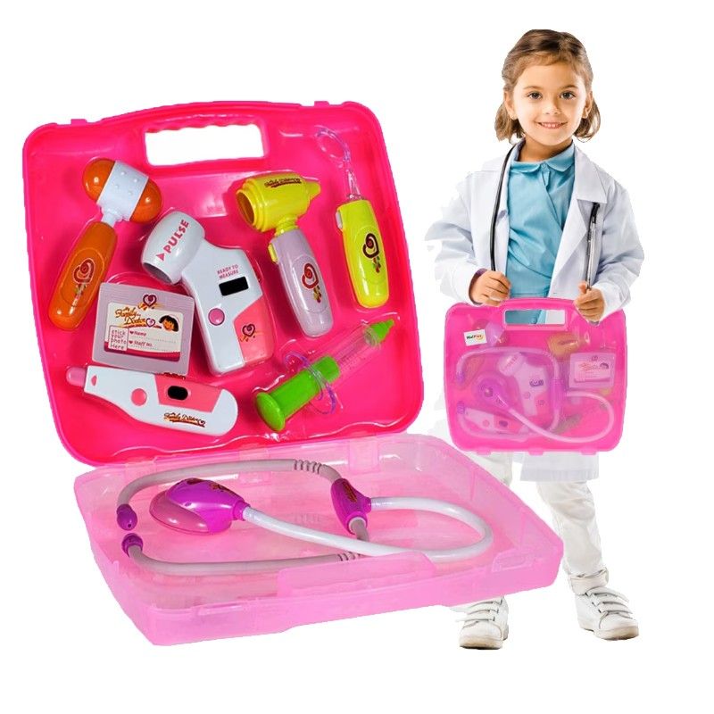 Trusa medicala pentru copii, 8 instrumente doctor, efecte luminoase si sonore, valiza depozitare, roz Engros