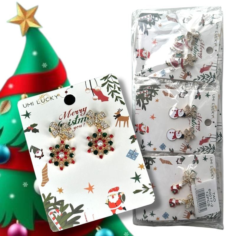 Cercei cu pandantiv de Crăciun set 12 pereche mix, ambalați individual pe carte festivă. en-gros