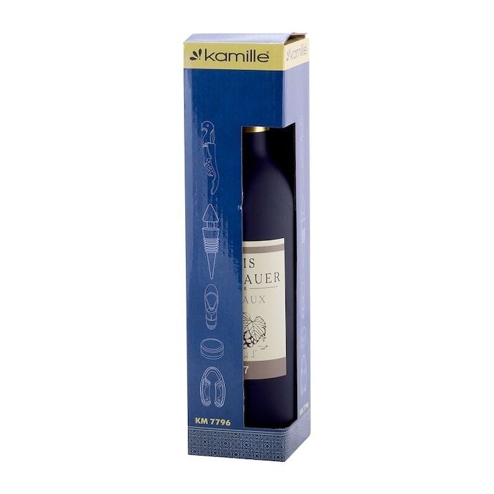 Set Engros accesorii vin 6 in 1 Kamille KM-7796, cromat, cutie cadou forma sticla de vin