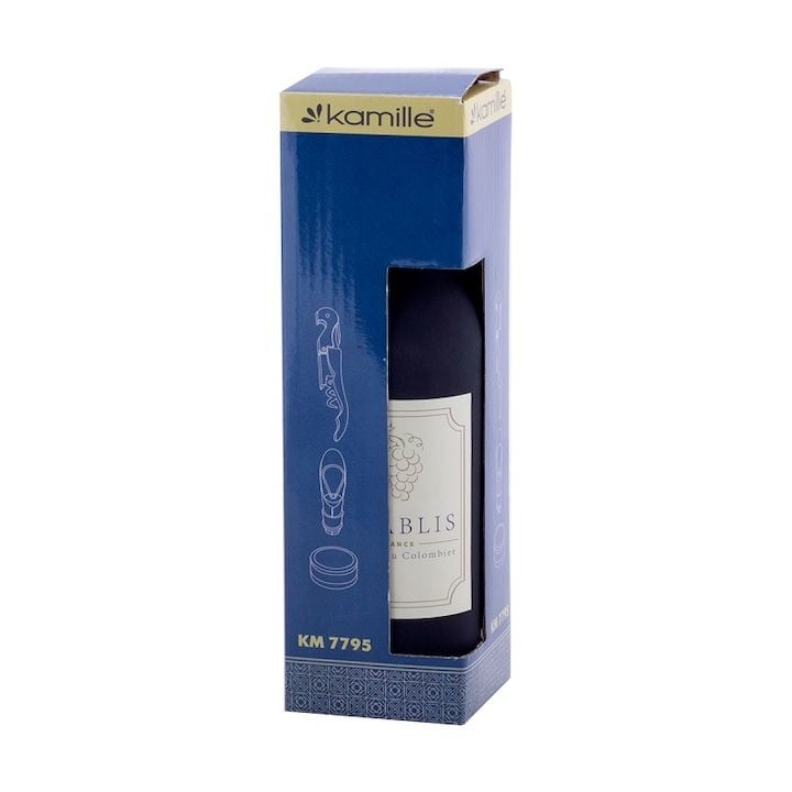 Set Engros de Accesorii Vin 4-in-1 Kamille KM-7795, Crom, Cutie Cadou Forma Sticla Vin