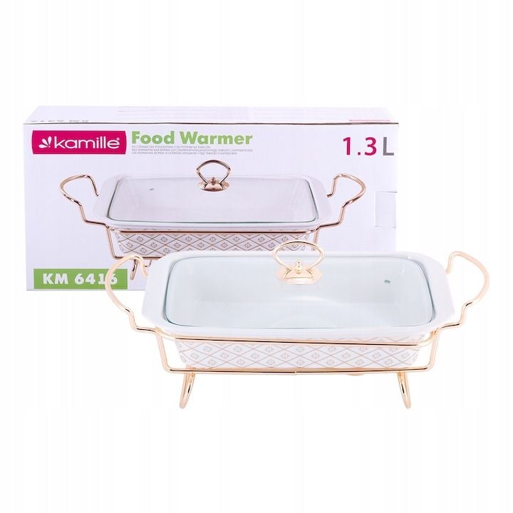 Vas Engros termorezistent, Kamille, din ceramica, cu capac, suport, 1.3 l, 30.5 x 19 x 6 cm, alb/auriu